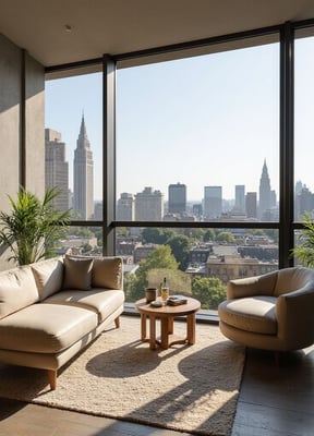 Living room with floor-to-ceiling windows and city skyline views
