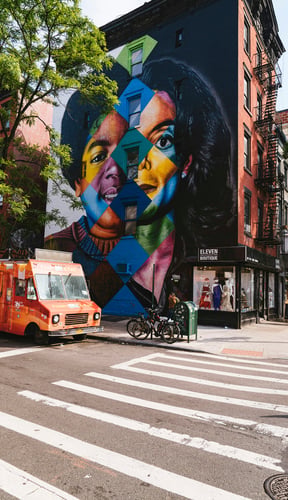 Colorful street mural on a brick building in Chelsea, New York