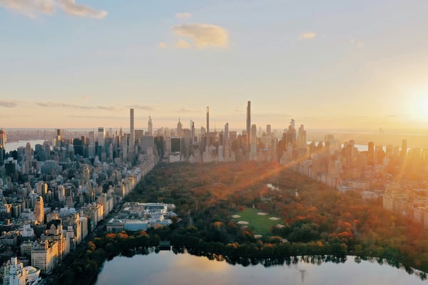 Aerial view of Central Park and Upper East Side at golden sunset